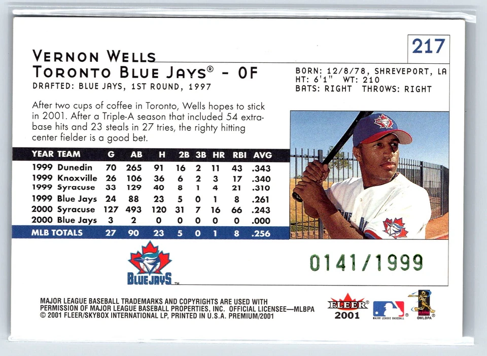 2001 Fleer Premium #217 Vernon Wells Blue Jays /1999 - Image 2 of 2