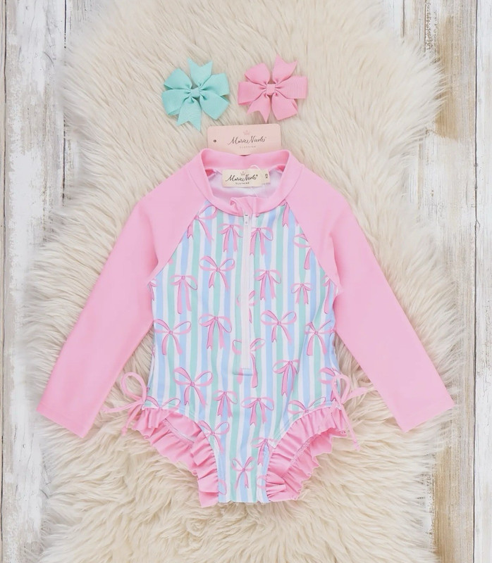 Girls 4T Rash Guard One Piece Swimsuit  w/ Zipper Striped Pink Bows