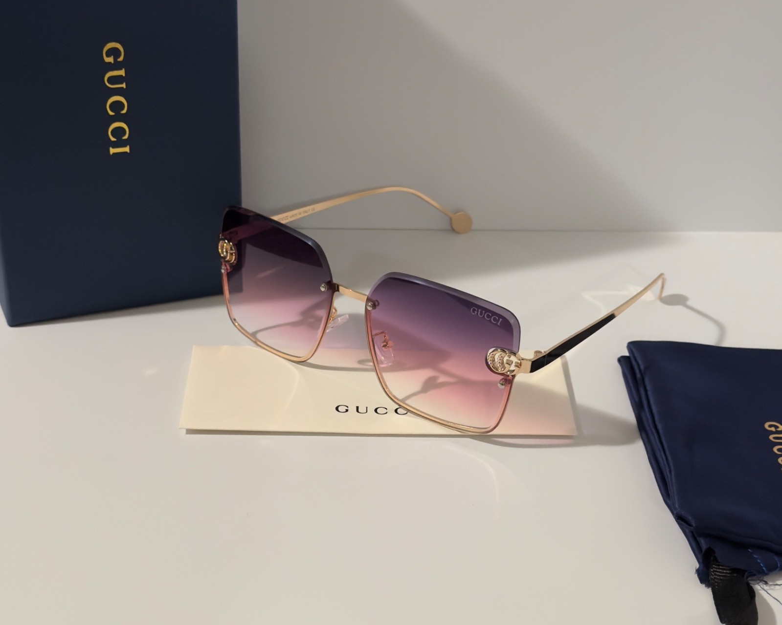 Gucci GG1746S Rimless Gold Sunglasses Pink Purple Gradient Lenses Ships Today