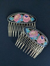 Vtg Cloisonne Rose Hair Combs 2 Gold Tone