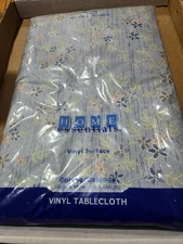 Essential Home 52"  x 90" Oblong Flannel Tablecloth Vinyl Back Blue Kmart Vtg