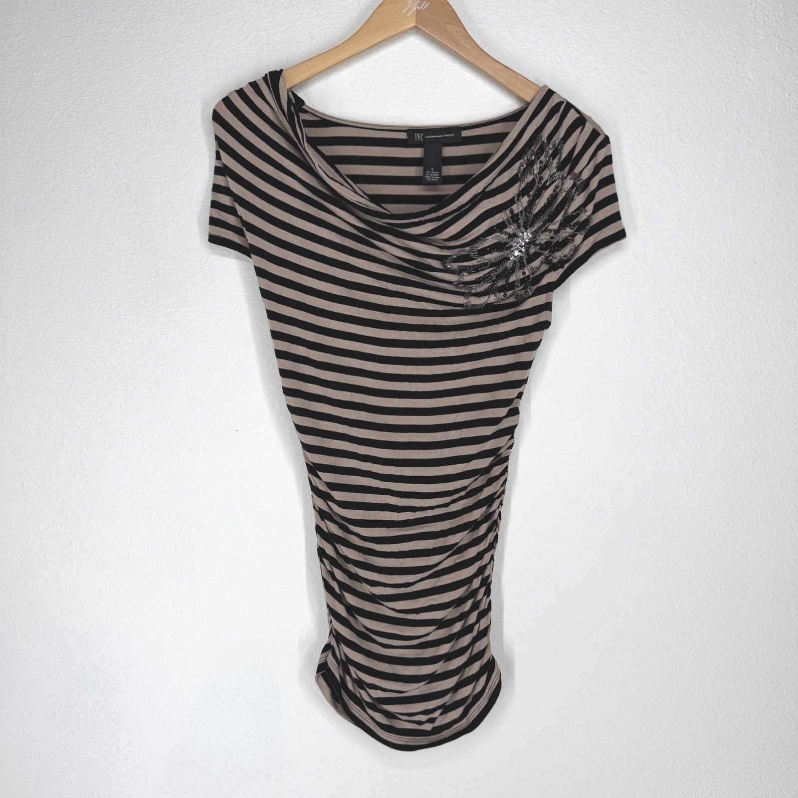 Vintage Y2K Striped Cowl Neck Beaded Top Small Ruch Whimsigoth Fairy Long Flower