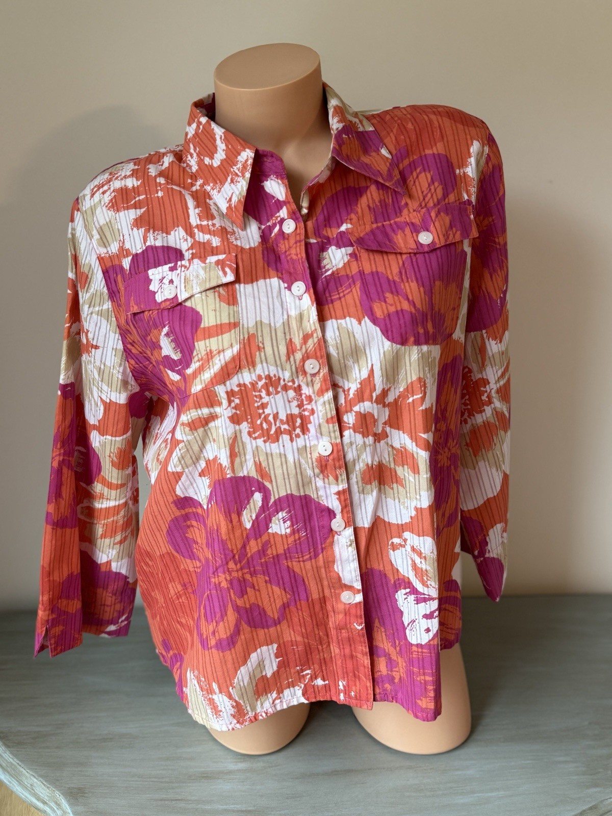 Alfred Dunner Floral Coral Coastal Shacket Blouse 3/4 Sleeve Button Up in Size 16P XLP