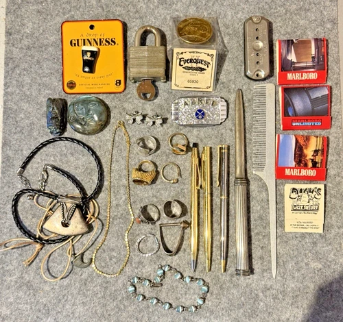 Grandpas Vintage Junk Drawer Lot Collectibles Sterling 925, Costume Jewelry...