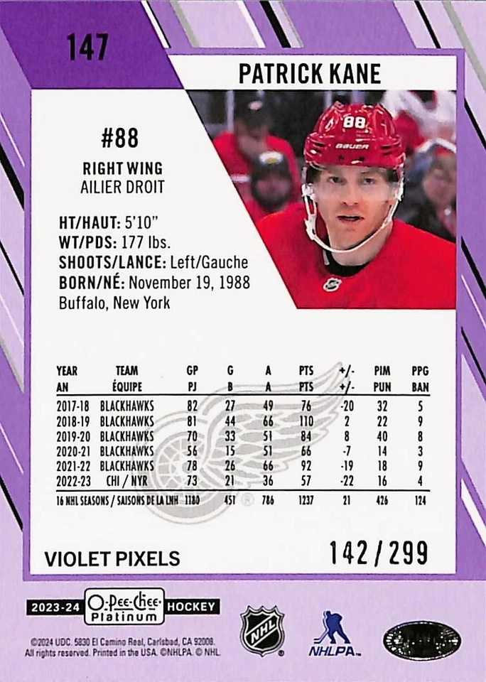 2023-24 O-Pee-Chee Platinum Patrick Kane Violet Pixels /299 Red Wings #147 - Image 3 of 4