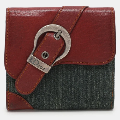 Portefeuille français Dior vert/marron toile et cuir selle