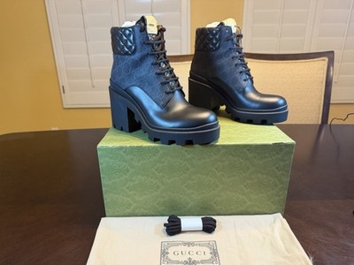 New Authentic Gucci GG Supreme Logo Ankle Boots Black Size 38 / US 8