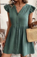 Medium SHEIN Frenchy Dress 100% Cotton Weave V Neck Ruffle Cap Sleeve Moss Green