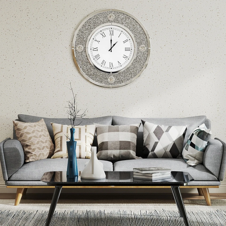 Reloj de Pared 24"" Grande Plateado Redondo Espejado Decorativo Diamante Triturado Decoración del Hogar Foto 3 de 4