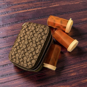 Zippered Travel Pill Case Organizer Pouch, Brown/Black Fabric, Holds 3 Bottles