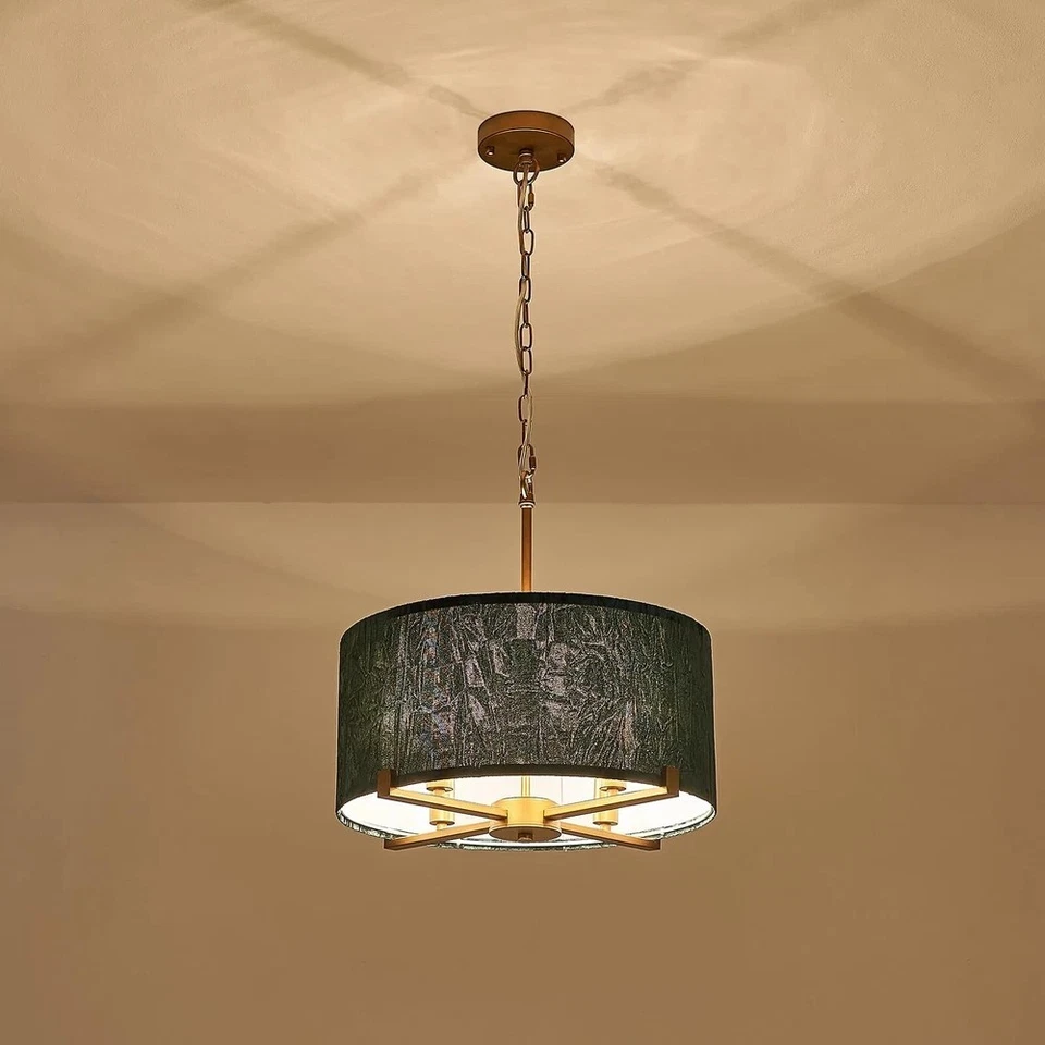 "Colgante de araña de tambor de 4 luces vintage dorado y verde esmeralda colgante redondo de 18""... Foto 2 de 4