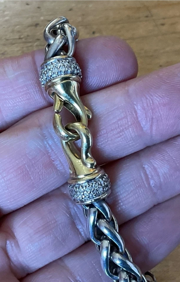 David Yurman 18K Yellow Gold Silver Pave Diamond 9mm Wheat Chain 7.5" Bracelet - Image 3 of 4