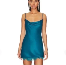 Revolve M Slip Dress Trish Satin Mini Teal Feather Cocktail Lovers & Friends