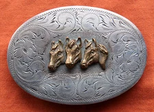 Vintage Diablo Cowboy Cowgirl Sterling Silver 3 Horse Heads Western Belt Buckle