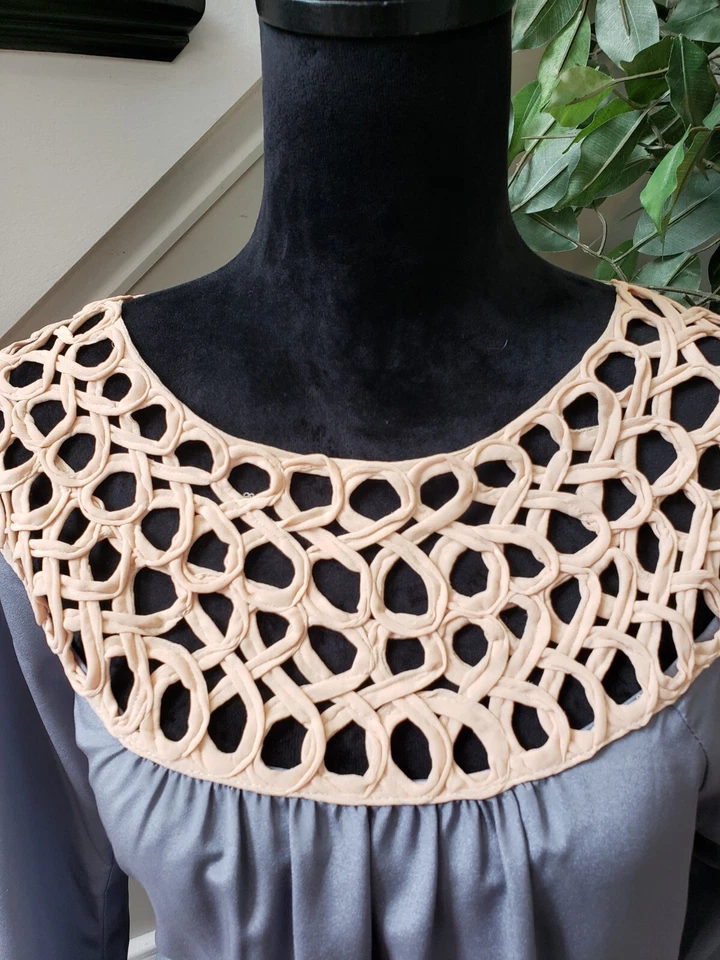 Blusa Top Esley Mujer Azul y Beige Tejido Abierto Boho Bohemio Neutro Talla Mediana Foto 4 de 4