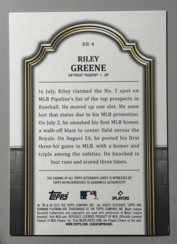 Riley Greene Auto 2023 Bowman Platinum /50 recrues renommées Holo RC SP #RR-4 - Photo 2 sur 3