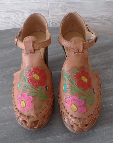 Huaraches pelle punta chiusa plateau tacco a blocco floreale taglia 24 = 7,5 boho nuovo - Foto 7 di 14