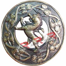 Scottish Rampant Lion Kilt Brooch Fly Plaid Antique Finish 3" 7cm diameter