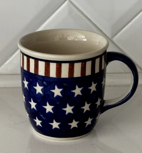 Polish Pottery "Boleslawiec" Coffee Mug~Americana~Stars & Stripes~NEW