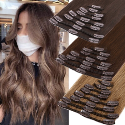 Clip In 100% Remy Human Hair Extensions Full Head 12 14 16 18 20 22 Inches 8PCS
