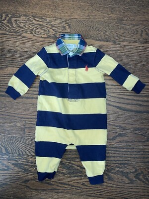 Infant Boys Polo Ralph Lauren Blue Yellow Striped Romper Outfit Size  Months