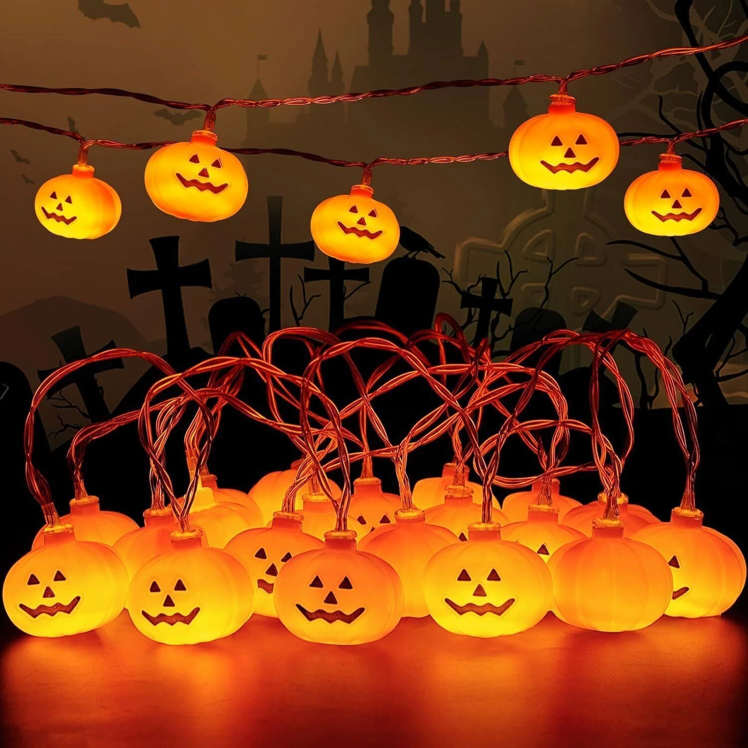 Halloween Orange Pumpkin LED String Lights, 20 Count Holiday Lights 8 Modes Cute