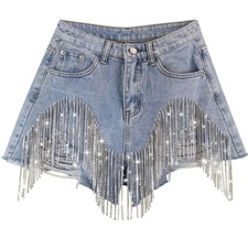 Lady Denim Shorts Rhinestone Crystal Tassels Fringe Jeans Hot Pants Mini Fashion
