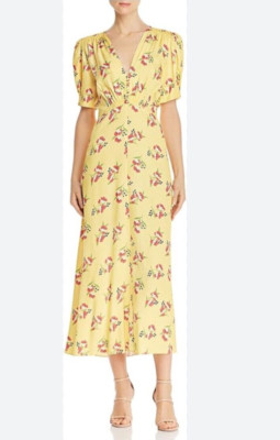 Jill Stuart Satin Lemon Floral V-Neck Puff Sleeve Flare Dress