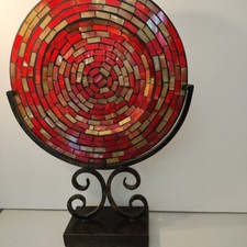 Vintage Applied Stained Glass Tiles w/ Stand Round Plate 20" Height Multicolor