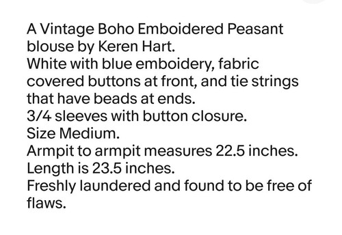Vintage Keren Hart Embroidered Peasant Blouse Sz Medium Boho Cottagecore - Picture 11 of 11