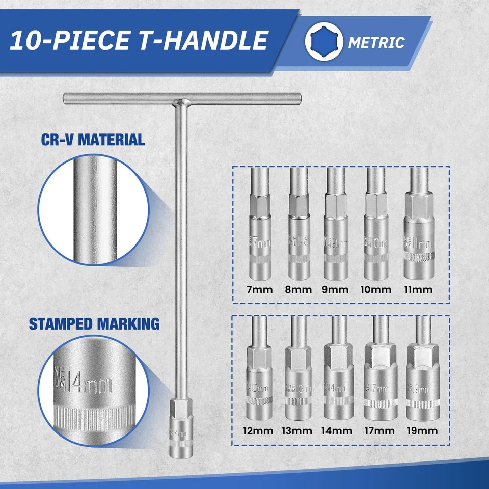 T - Handle Socket Set, Metric T Handle Wrench Set,10 Pieces(7mm-19mm）,crv,6point - Image 2 of 4