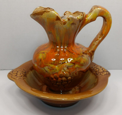 Vintage Retro Cal Style 1108 Orange Drip Glaze Studio Pottery Pitcher Bowl Set