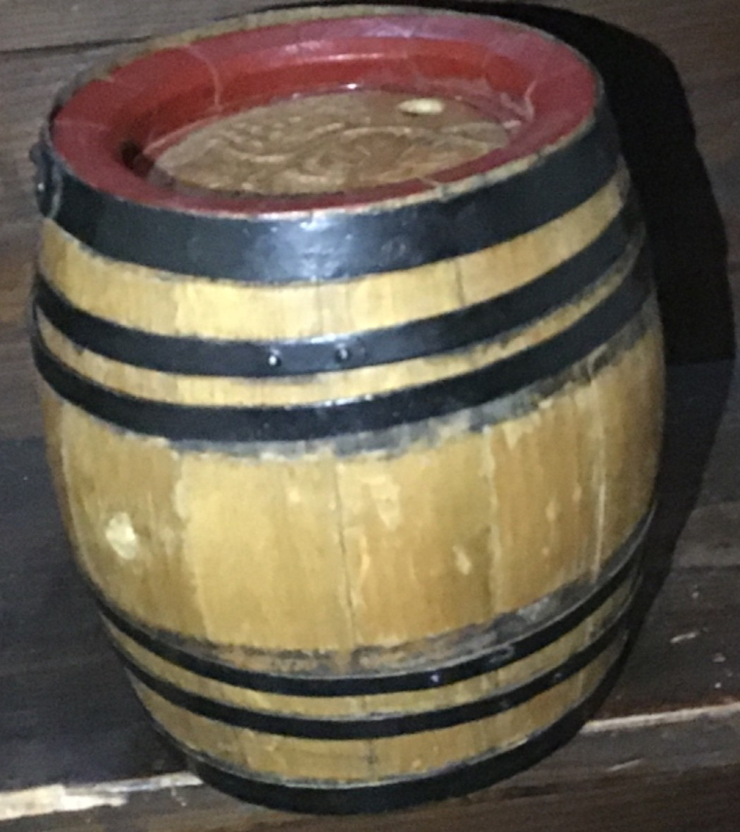 Old Antique Wooden Oak Powder/Liquor Keg Staved Barrel Metal Bands 8”Tall Carved