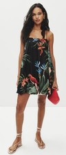 Farm Rio Black Tropical Toucan Mini Dress XL Beaded Straps Linen Blend