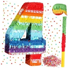 Poen Rainbow Mexican Number Piñata for Kids with Blindfold Stick and Number 4