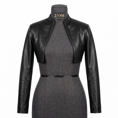 Damen Schwarz Lammleder Leder Cropped Bolero Shrug Jacke Langarm Offen Mantel