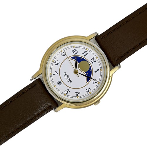Pratina Quarz Mondphase 34mm Uhr Goldgehäuse braun Lederband Ziffern - Bild 2 von 10
