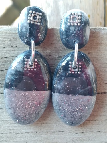 Handcrafted Stud Earring Necklace Set Polymer Clay Silver Chain Black - Afbeelding 8 van 10