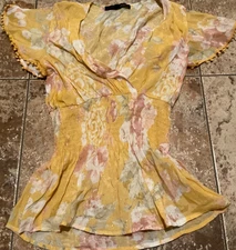 HARVE BENARD BOHO FLORAL WRAP BLOUSE ( WOMENS S ) YELLOW PINK TONES