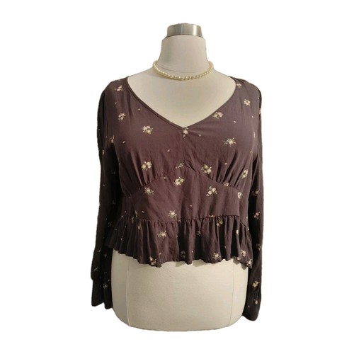 Arizona Jean Co. Women’s Size XXL Brown Pink Floral Cropped Long Sleeve Top