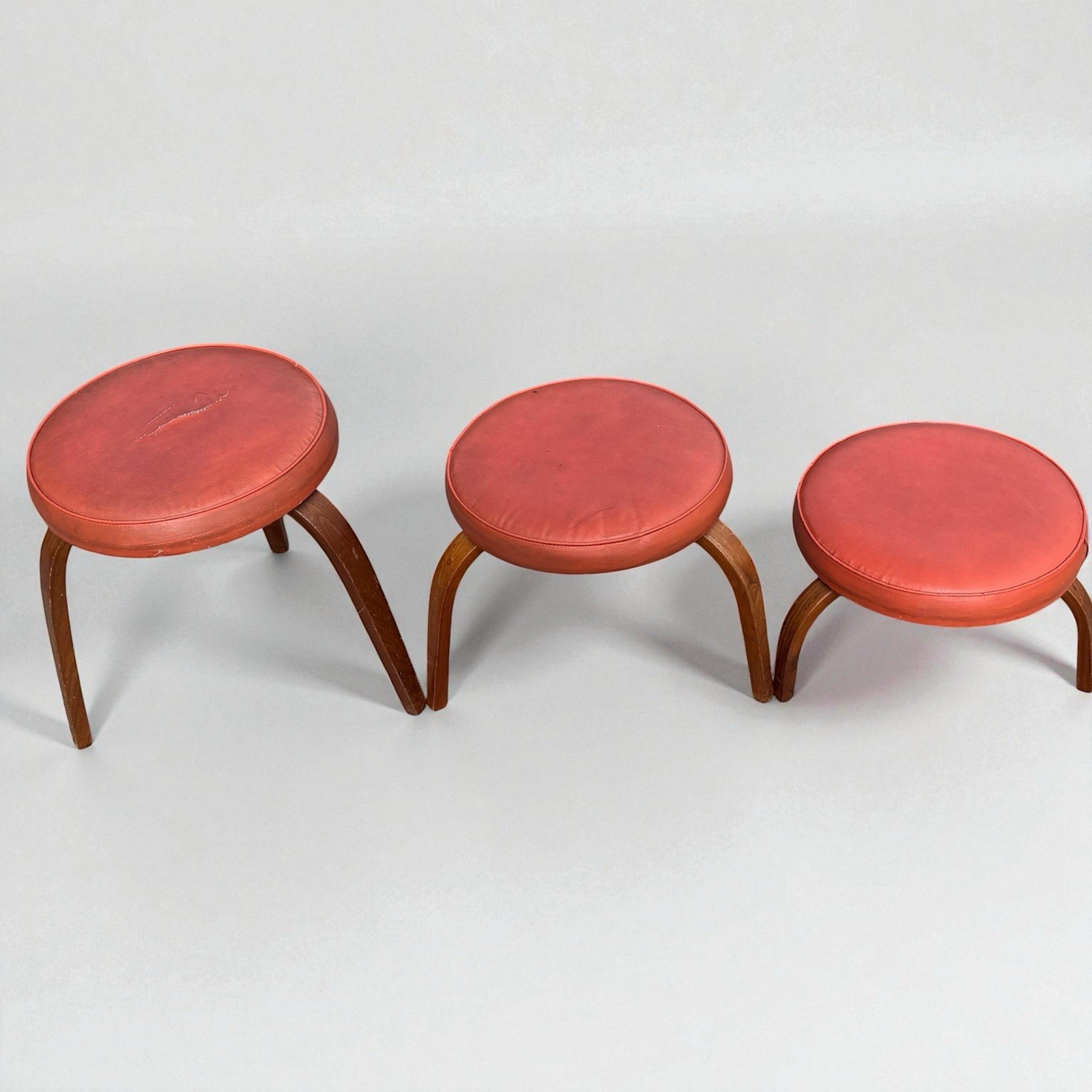 3 Vintage MCM Thonet Bentwood Nesting Stools Mid Century Stacking Orange Vinyl