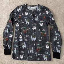 Cherokee Women's Size S Gray CHRISTMAS Long Sleeve Lab Scrub Jacket Cotton Snap