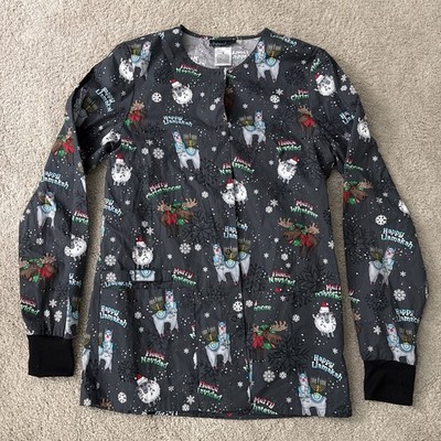 Cherokee Women's Size S Gray CHRISTMAS Long Sleeve Lab Scrub Jacket Cotton Snap