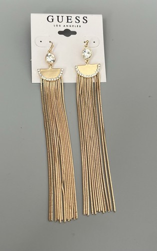 New GUESS Wire-Pierced-Earrings Gold Tone 5” Dangle Chain-Clear Rhinestones
