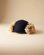 1950s Inky Black Wool Half Hat with Floral Trim Cream Petal Cocktail Hat Mid