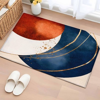 Orange Navy Blue Boho Bathroom Rugs 2x3 Ft, Geometric Modern Non Slip Area Ru...