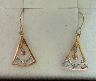 Vintage 14k Rose Gelb & Weiß Tri Gold Dreieck Filigran Französisch Draht Ohrringe