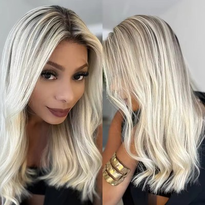 Ombre Platinum Blond Ash Brown Highlight Wave 100% Human Hair Lace Front Wigs