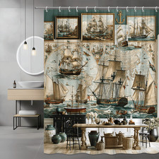 Nautical Ship Map Shower Curtain, Vintage Sailboat Wall Art