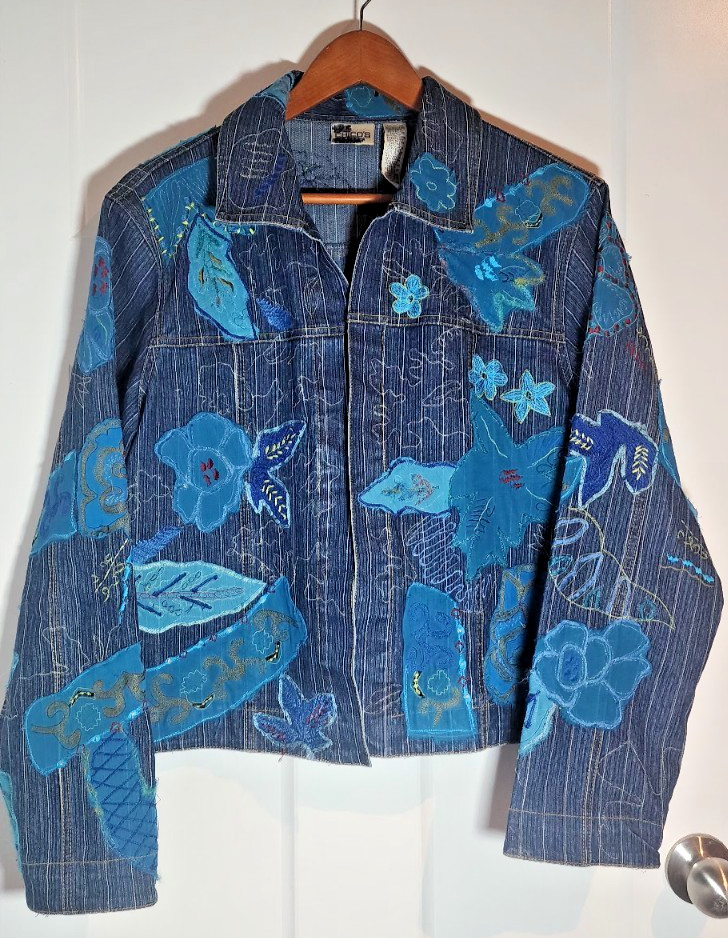 Chicos Denim Jacket Patchwork Design Open Face Wo… - image 1